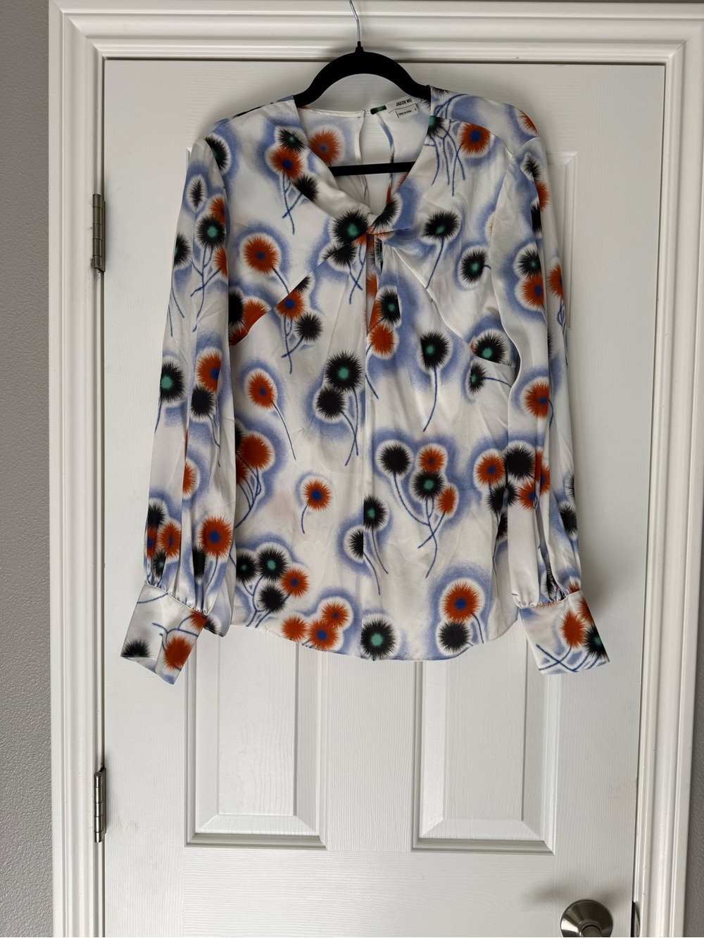 Jason Wu White Floral Tie-Neck Blouse with Orange & Teal Accents